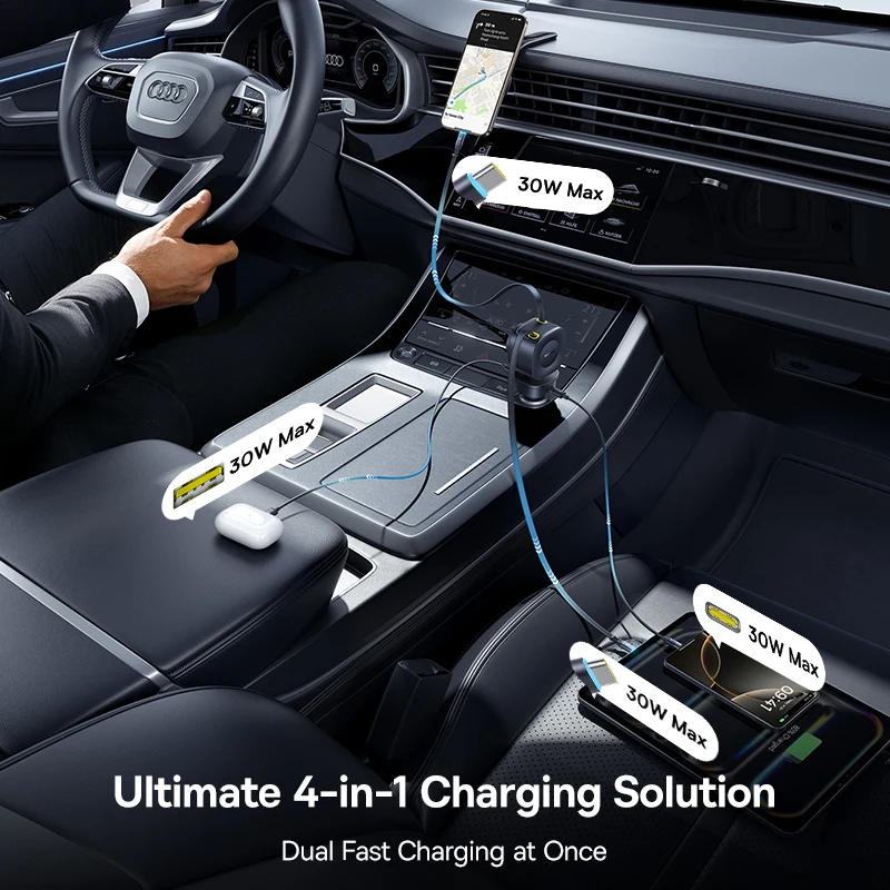 Baseus Car Charger 60W 100W 30W 240W 4 ports Built in Dual Retractable Cable PD Fast Charging USB Type-C Car Phone Charger - Image 3