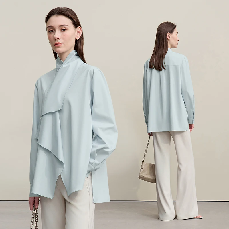 Amii Women Shirt 2026 Autumn New French Elegant Beaded Stand-up Collar Women's Shirt Asymmetrical Loose Ruffle Blouse 12641017 - Image 2
