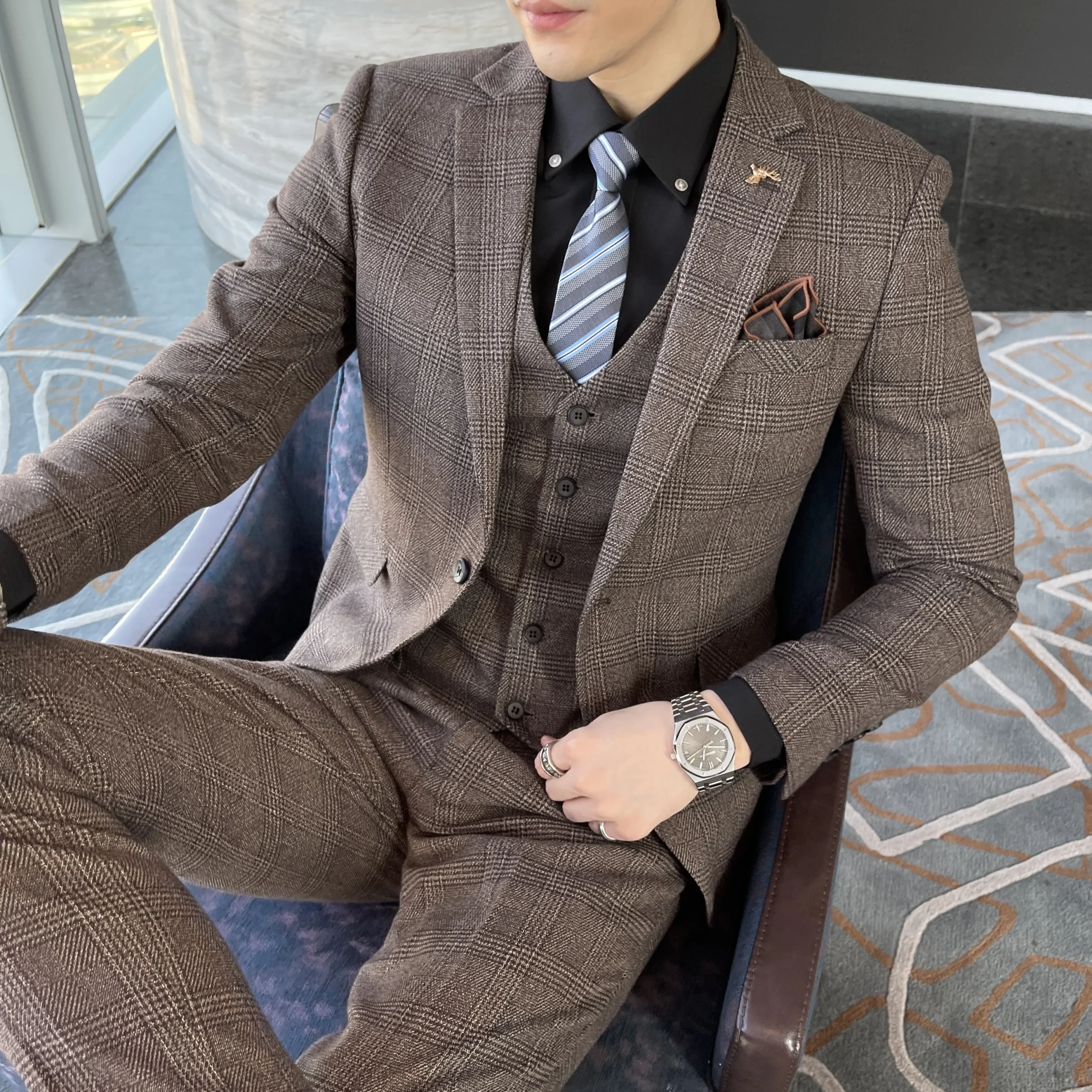 British Korean Style High Quality Modified Plaid Three-Piece Suit for Men - Stylish Business Casual Suit Vest And Trousers Set - Image 9