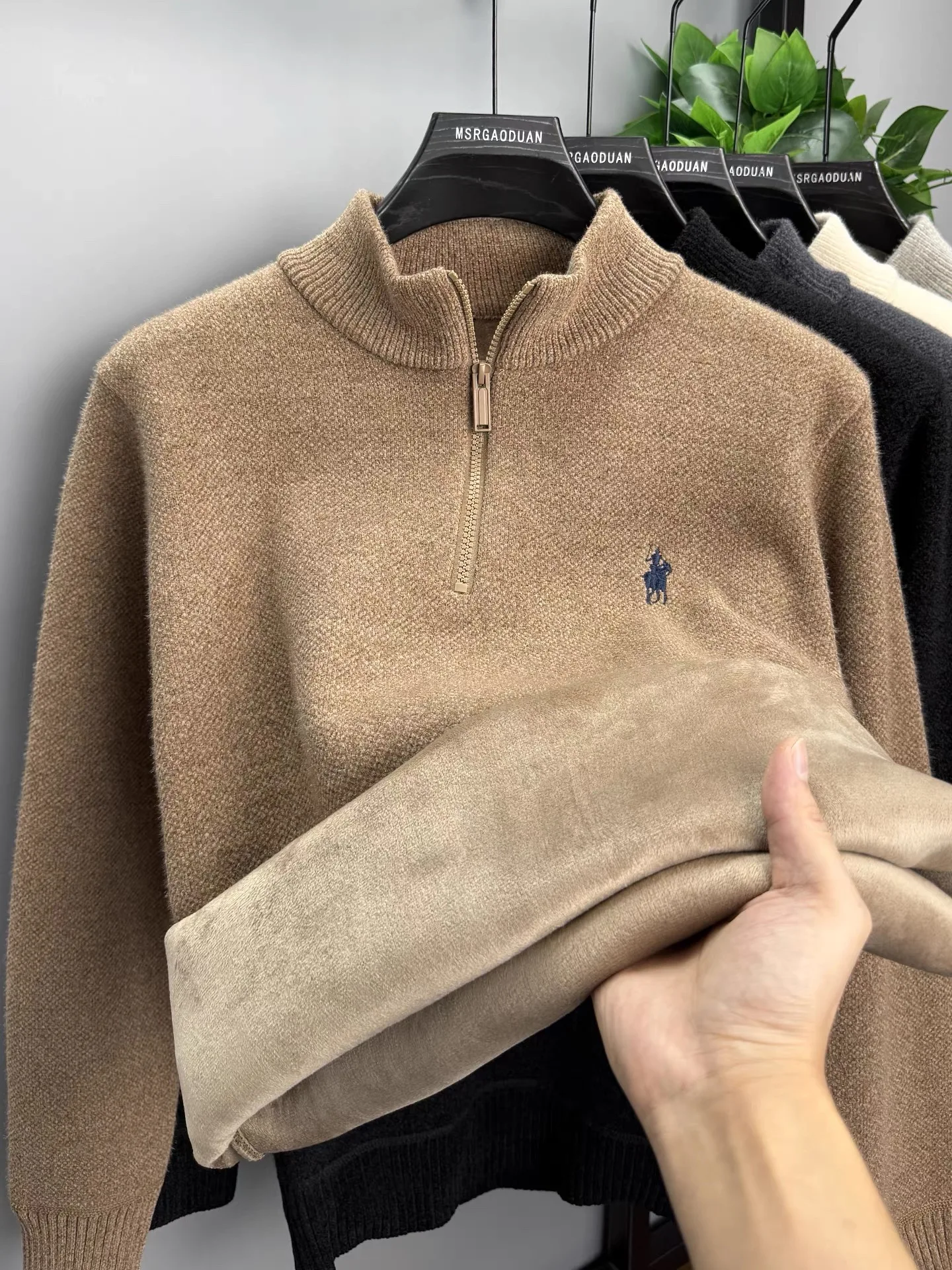 Luxury brand zipper semi high neck sweater men's high-end fashion ponytail golf embroidery winter new velvet warm knit pullover - Image 5