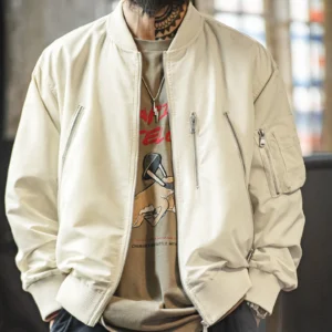 Maden Men's Vintage L2B Pilot Jacket White Lightweight Flight Bomber Jacket Short Zip-Up Casual Baseball Coat for Spring Autumn