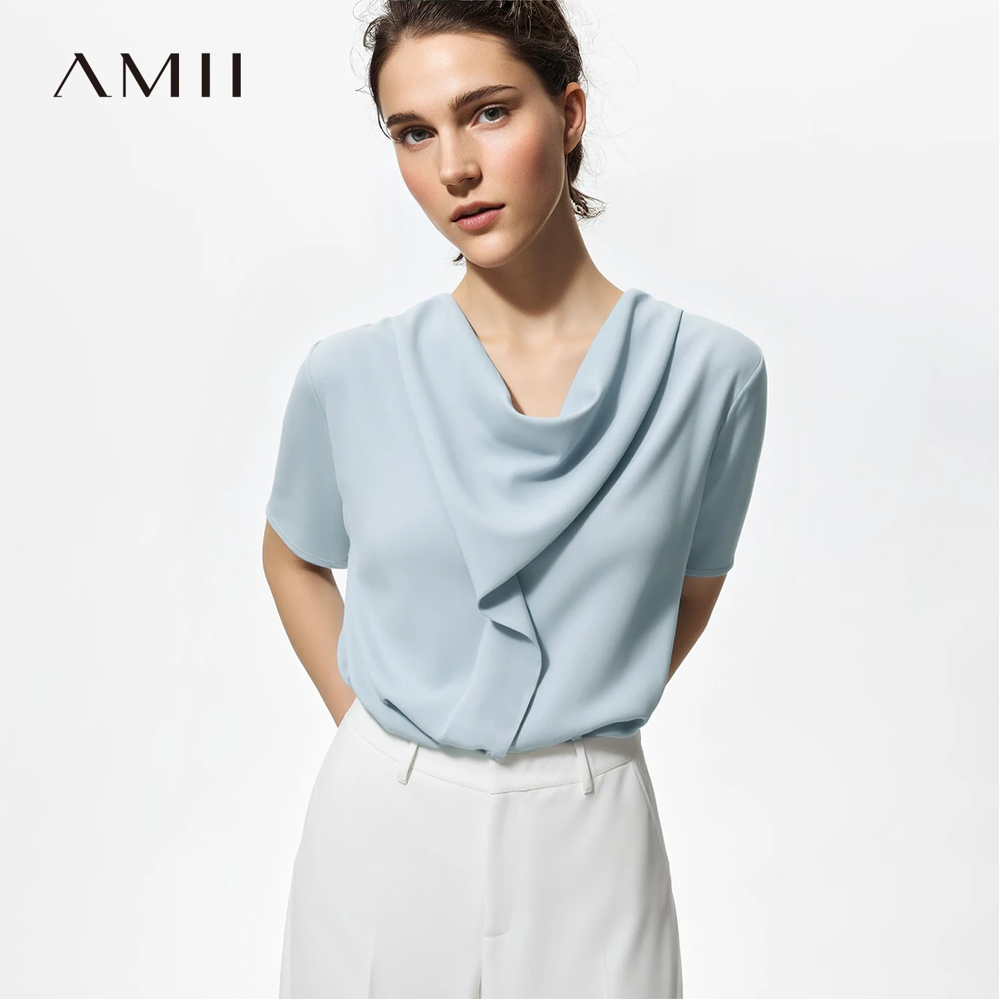Amii Woman Blouses 2026 Summer New Cowl Neck Short Sleeve Elegant Chiffon Top Flowy Loose Fit Office Shirts & Blouses 12612017