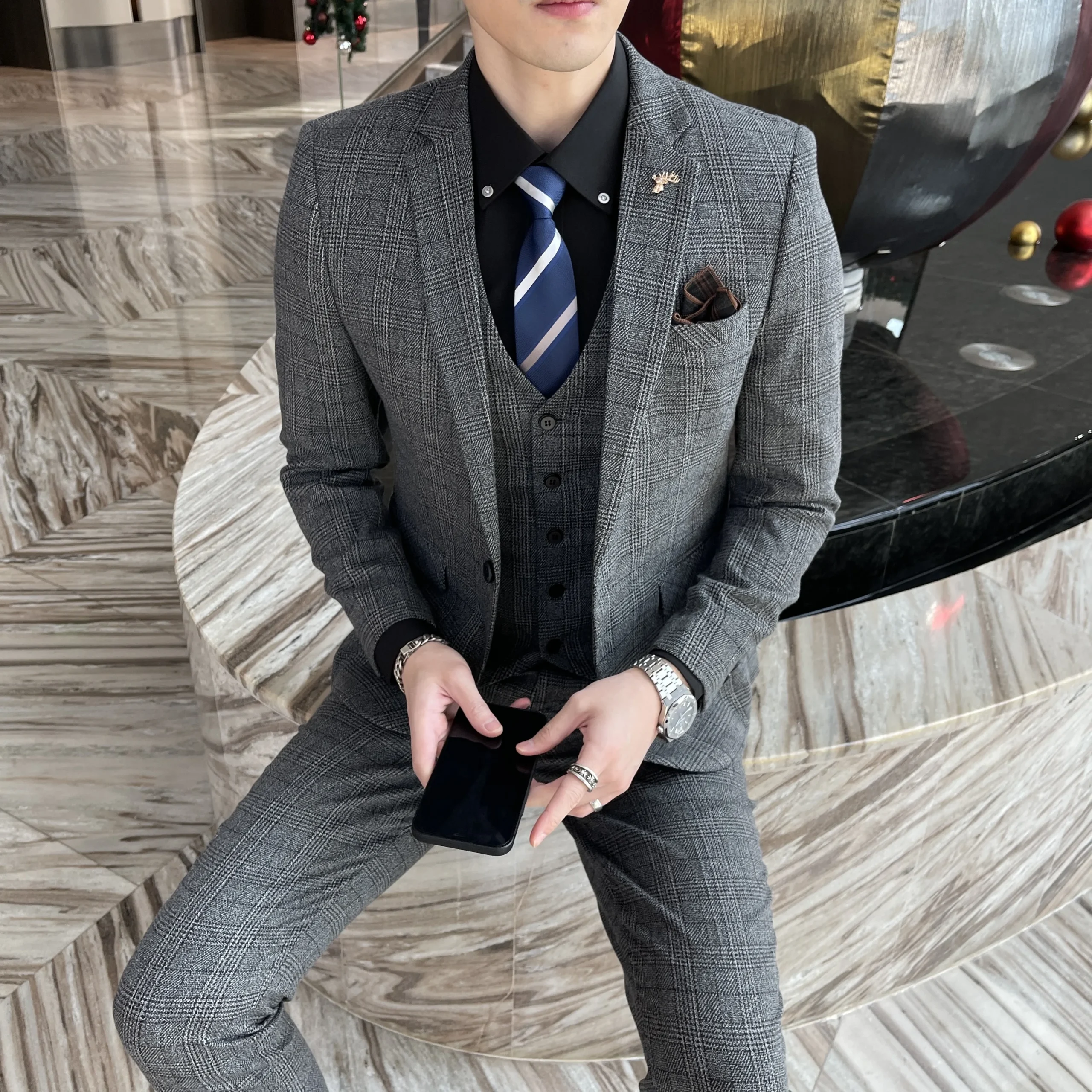 British Korean Style High Quality Modified Plaid Three-Piece Suit for Men - Stylish Business Casual Suit Vest And Trousers Set - Image 7
