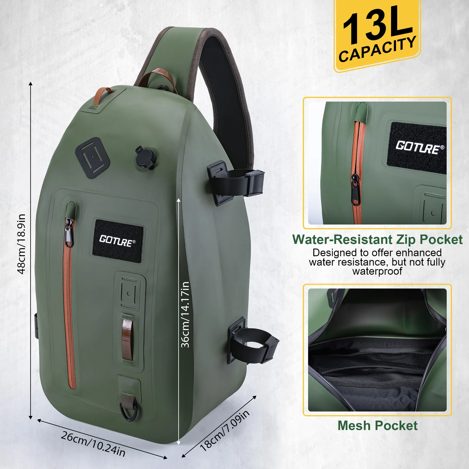 Goture Professional Fishing Chest Pack IPX8 Waterproof 13L Sling Storage Bag with Airtight Zipper & Tool Holder for Anglers - Image 2