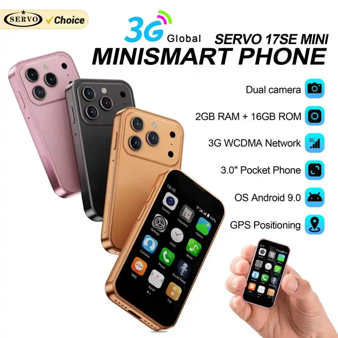 SERVO 17SE MINI 3G Малък смартфон Android System Play Store 2GB+16GB WhatsAPP GPS WiFi Dual SIM карта 3.0″ Малък смарт мобилен телефон