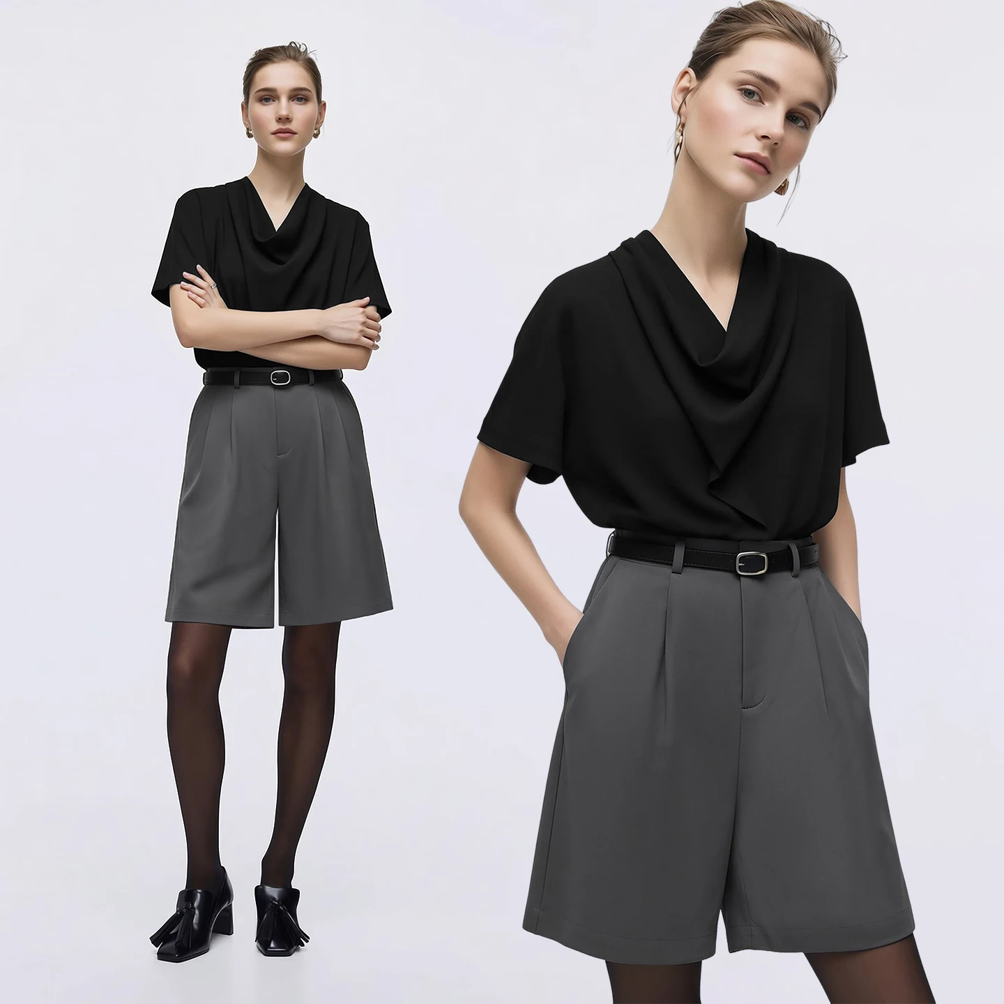 Amii Woman Blouses 2026 Summer New Cowl Neck Short Sleeve Elegant Chiffon Top Flowy Loose Fit Office Shirts & Blouses 12612017 - Image 4