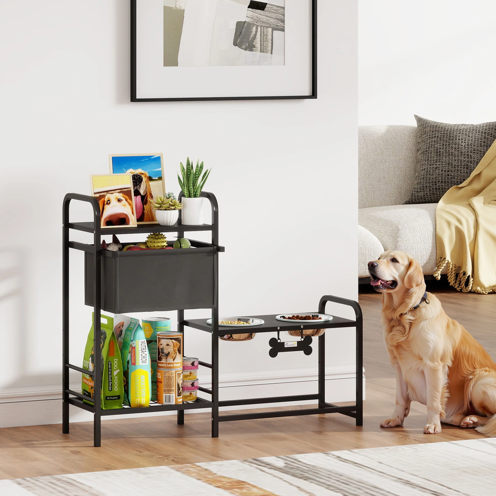 Pawhut Elevated Dog Feeder with Fabric Drawer 2 Stainless Steel Bowls 2X800 ml Adjustable Height 2 Shelves Black - Image 2