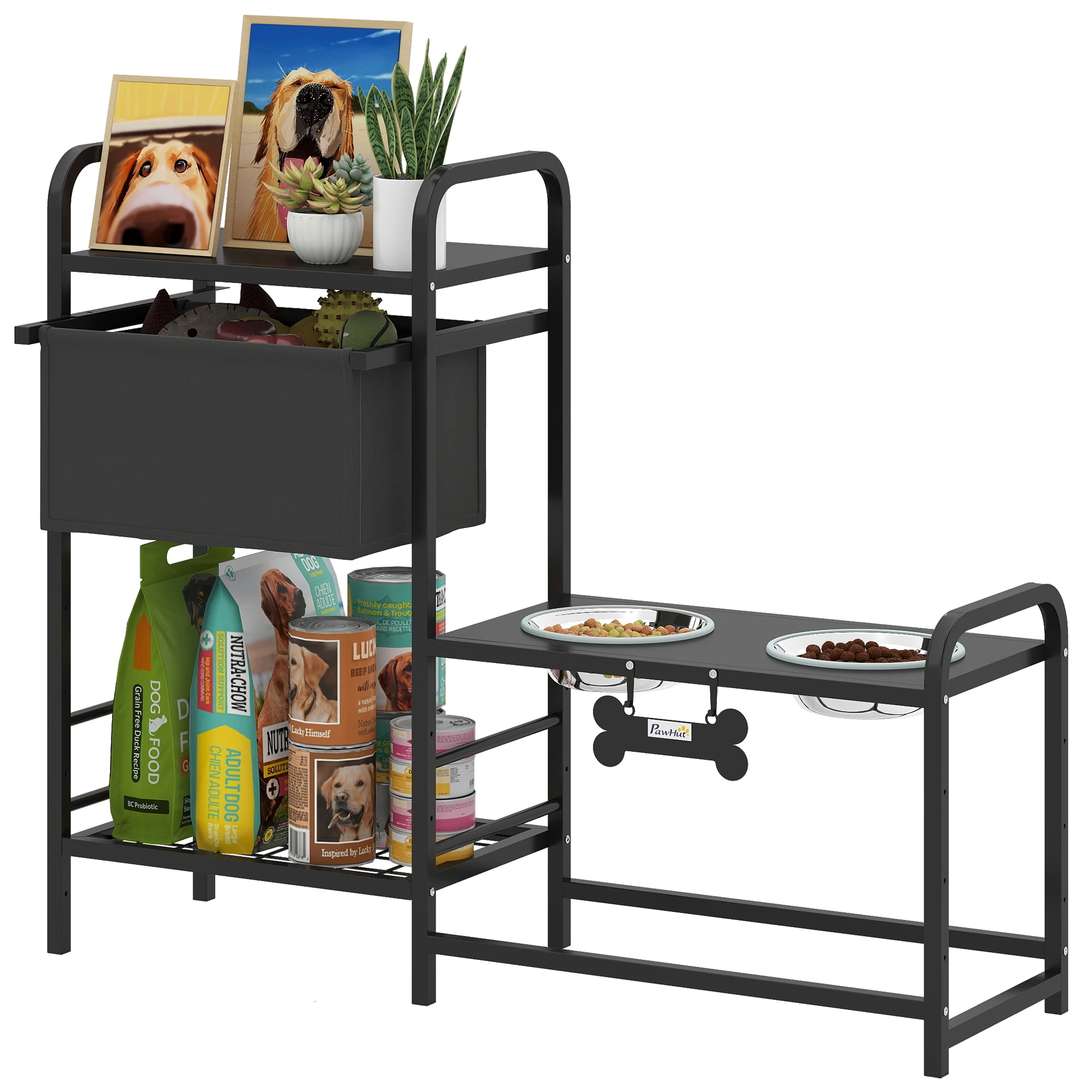 Pawhut Elevated Dog Feeder with Fabric Drawer 2 Stainless Steel Bowls 2X800 ml Adjustable Height 2 Shelves Black - Image 7