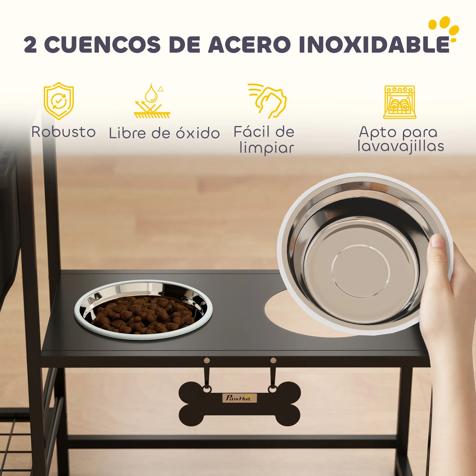 Pawhut Elevated Dog Feeder with Fabric Drawer 2 Stainless Steel Bowls 2X800 ml Adjustable Height 2 Shelves Black - Image 5