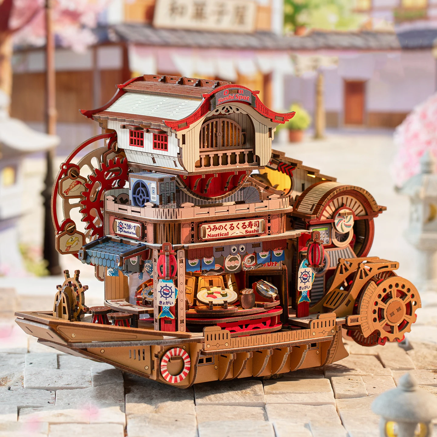 DIY Wooden Nautical Sushi Store Figurines Miniatures Bookend Assembled Houses for Friends Birthday Gifts Home Decoration
