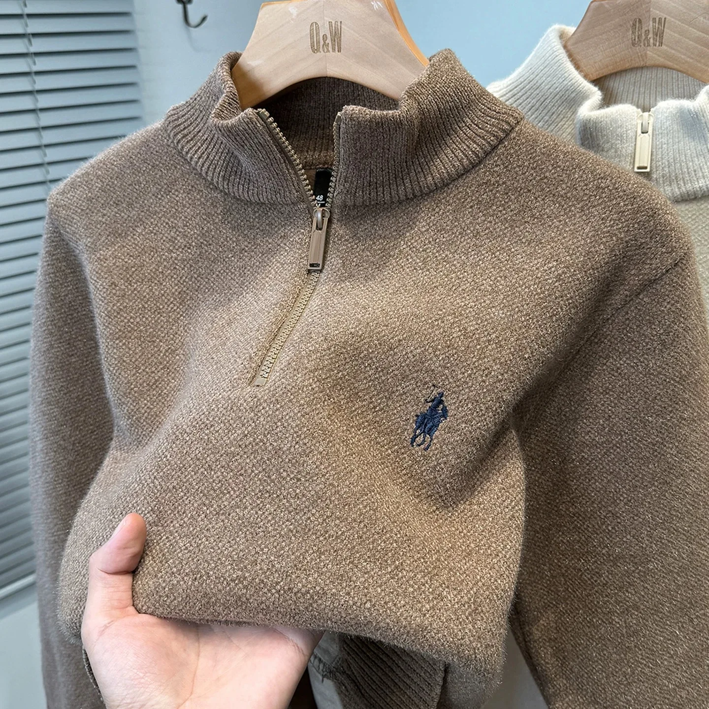 Luxury brand zipper semi high neck sweater men's high-end fashion ponytail golf embroidery winter new velvet warm knit pullover - Image 8