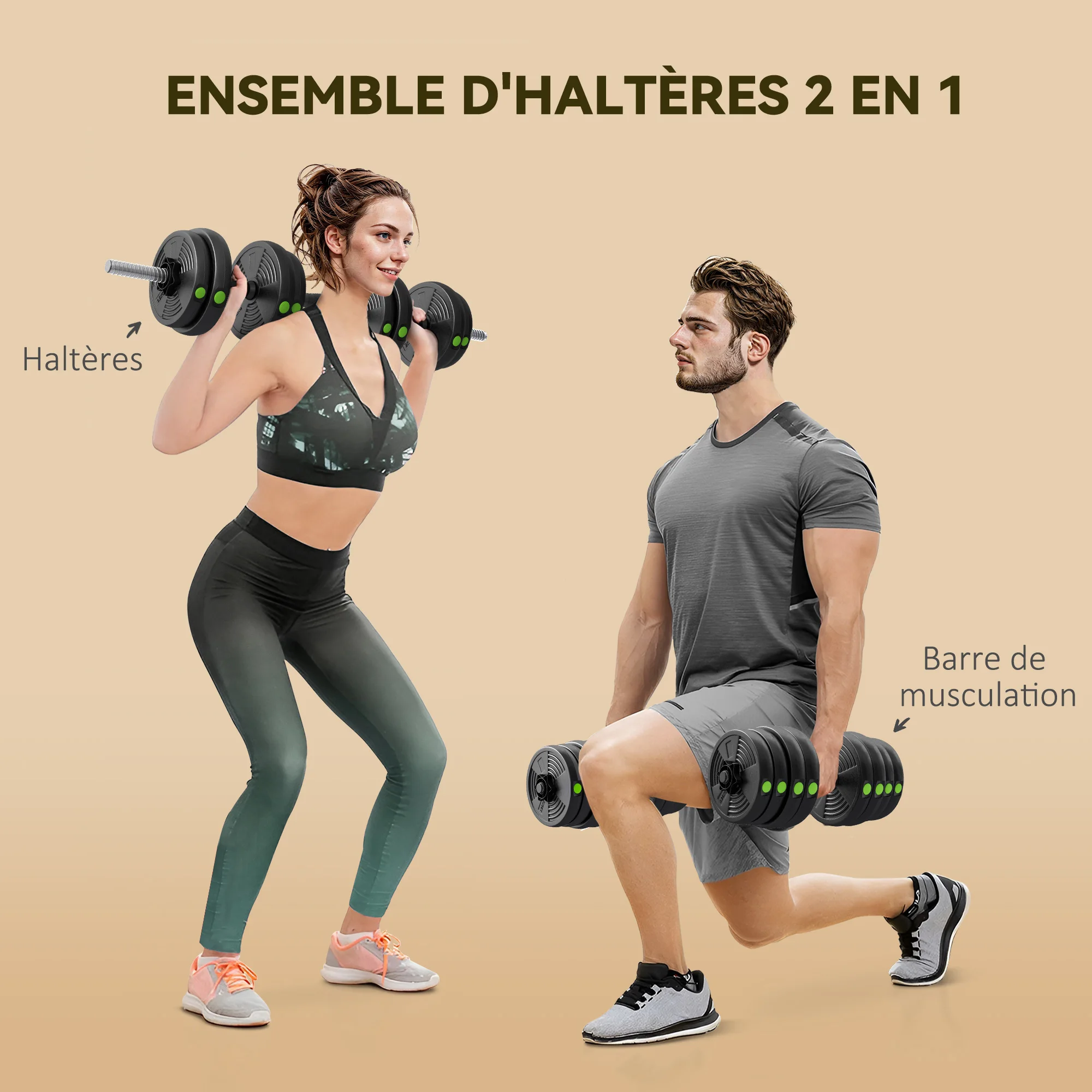 SPORTNOW dumbbells 2 adjustable 1 free dumbbells with non-slip handles, 30 KG-bars included - Image 3