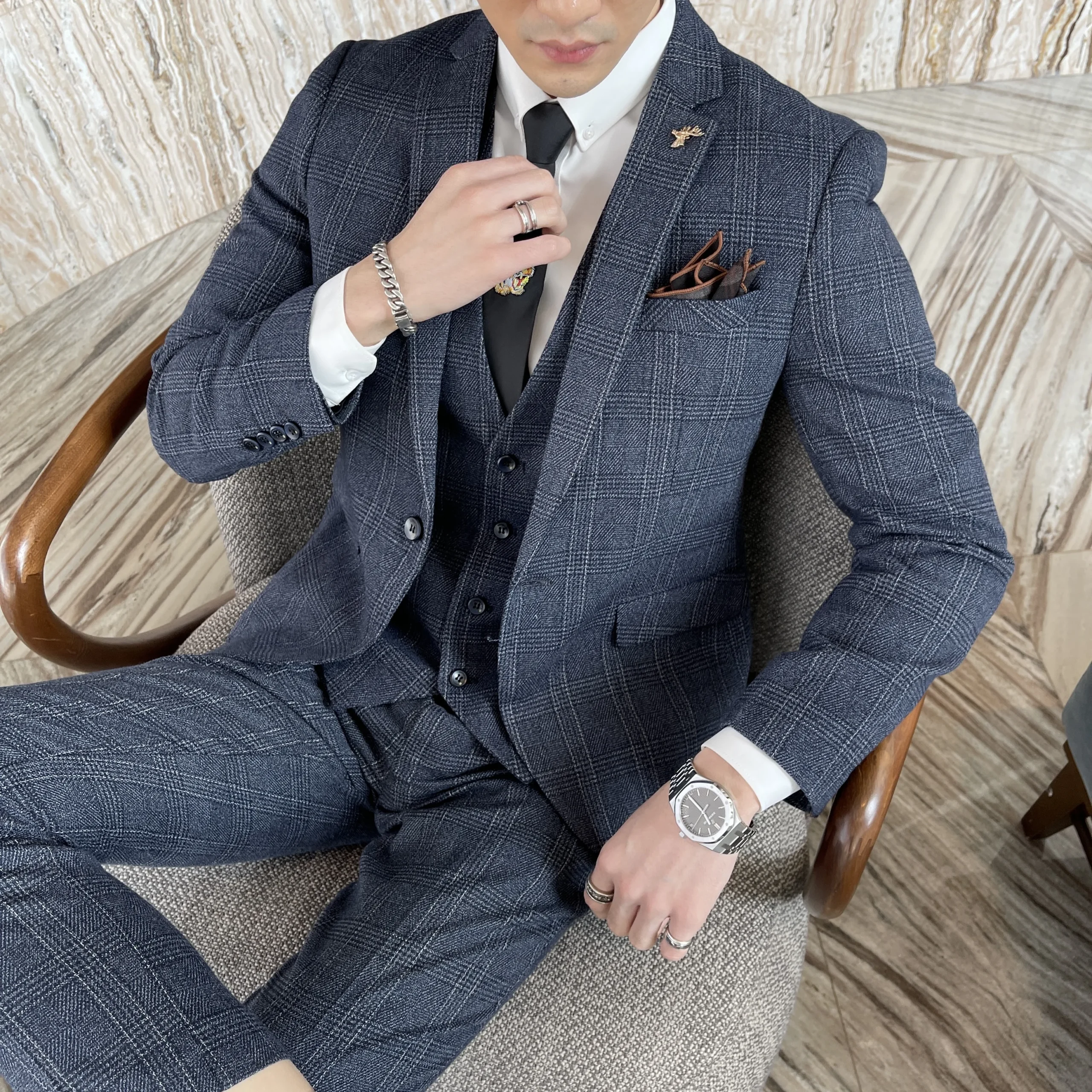 British Korean Style High Quality Modified Plaid Three-Piece Suit for Men - Stylish Business Casual Suit Vest And Trousers Set - Image 8
