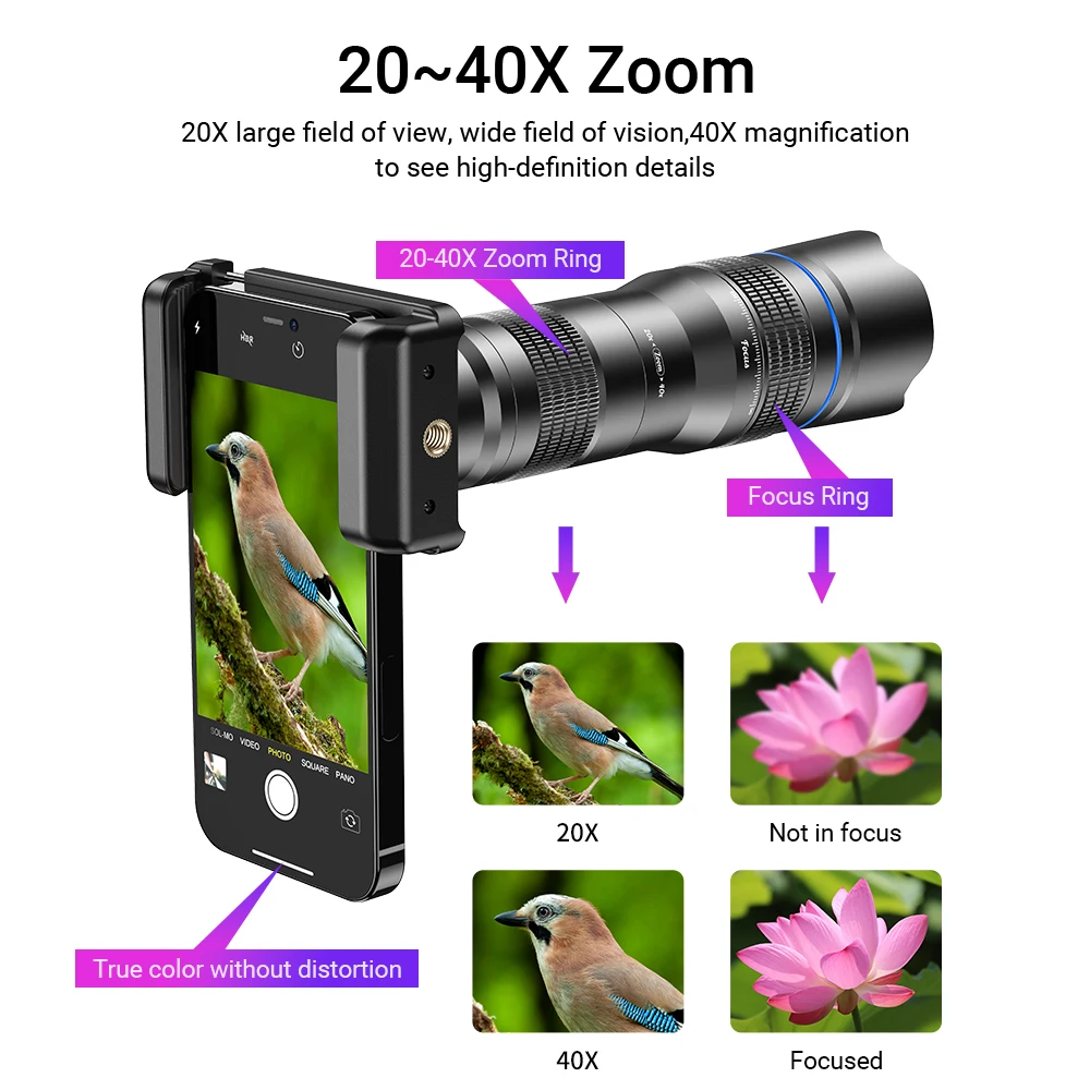 APEXEL HD Metal 20-40x Zoom Телескоп Обектив Телефон Телефото Обектив с разтегателен мини статив за всички смартфони Ловни спортове - Image 2