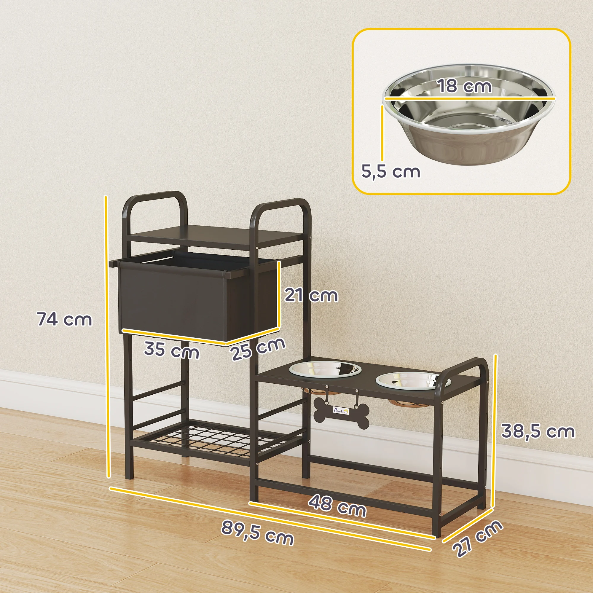 Pawhut Elevated Dog Feeder with Fabric Drawer 2 Stainless Steel Bowls 2X800 ml Adjustable Height 2 Shelves Black - Image 6