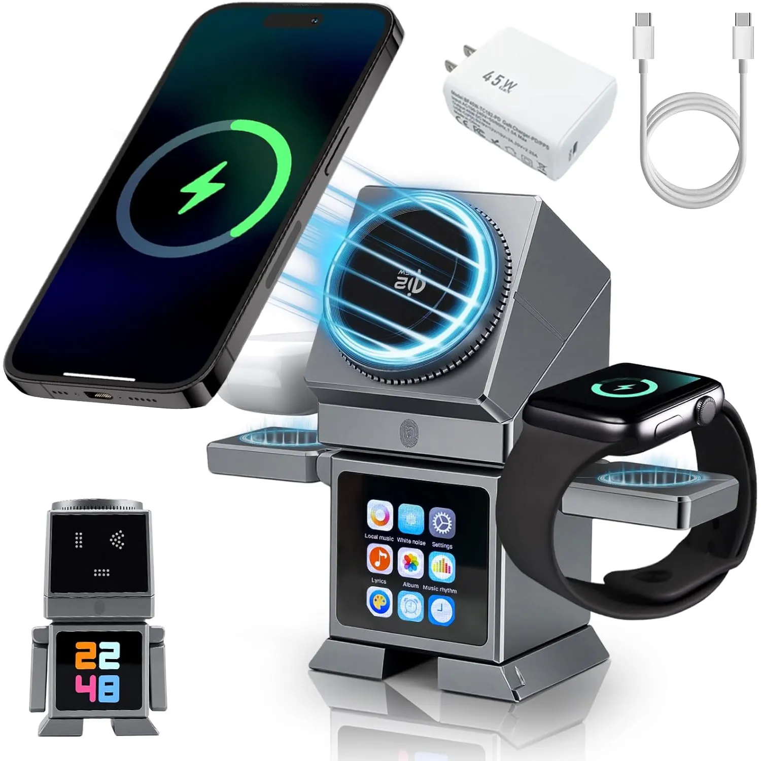 7 in 1 Wireless Charger Qi2.2 Certified 25W Magnetic Fast Charging Station Bluetooth Speaker for iPhone 17~12 iWatch Airpods Pro