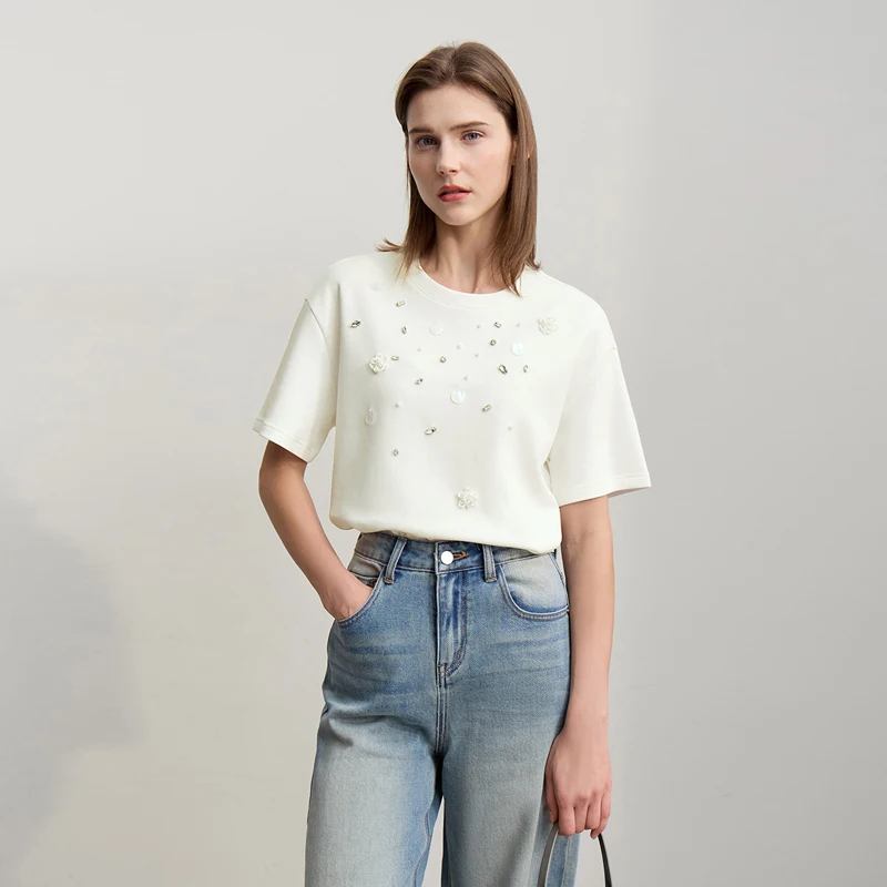 Amii Short Sleeve Tee 2026 Spring New Crew Neck Three-dimensional Bead Flower Bead Diamond Knit T-Shirt Loose Women Top 12641038 - Image 3