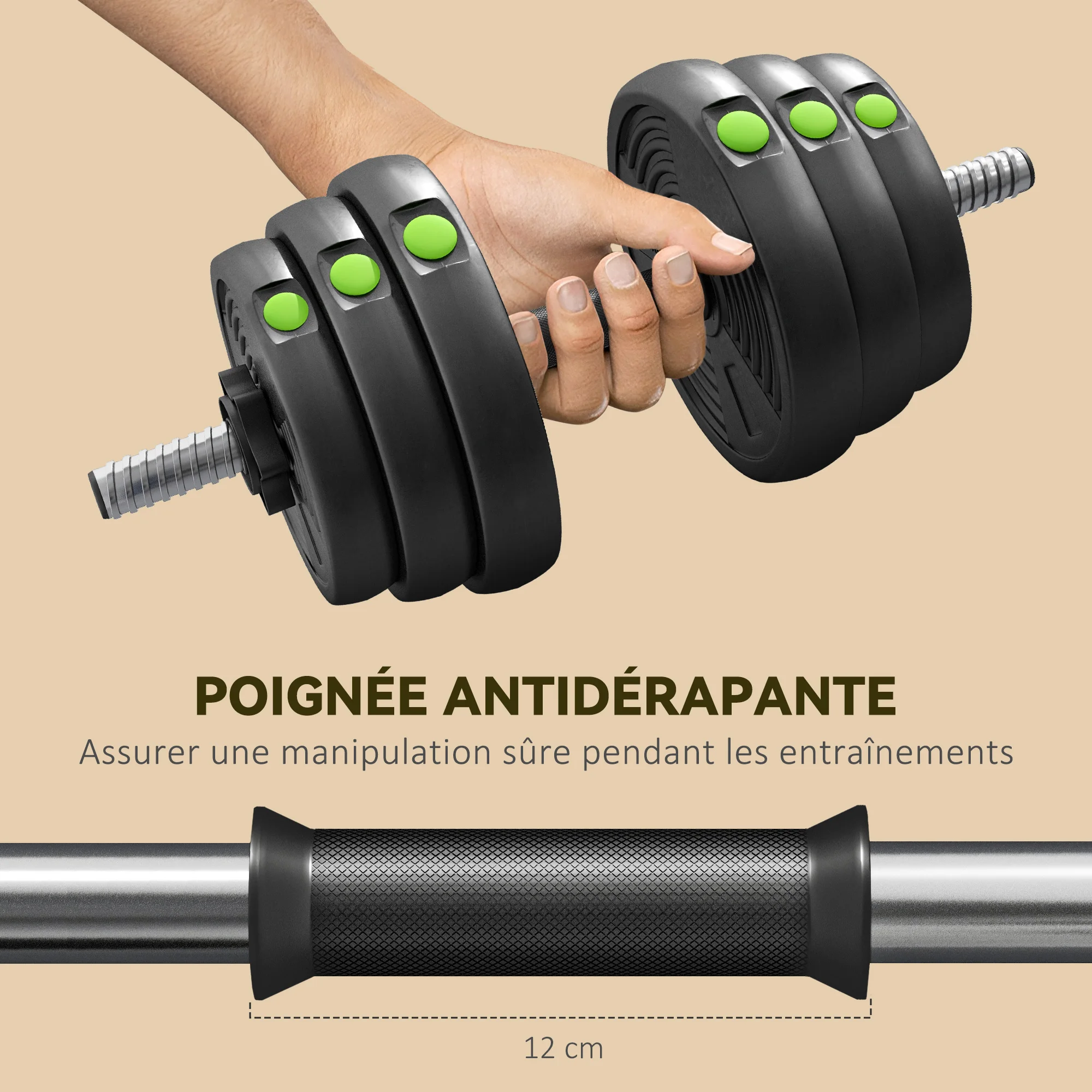 SPORTNOW dumbbells 2 adjustable 1 free dumbbells with non-slip handles, 30 KG-bars included - Image 5