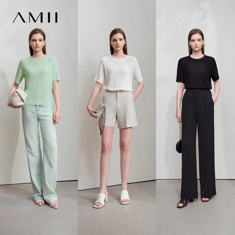 AMII Minimalism Loose Tops Fashion O-Neck Short Sleeve Comfortable Ventilate Green Knitted Sweater Women Clothing 12552106 - Image 5