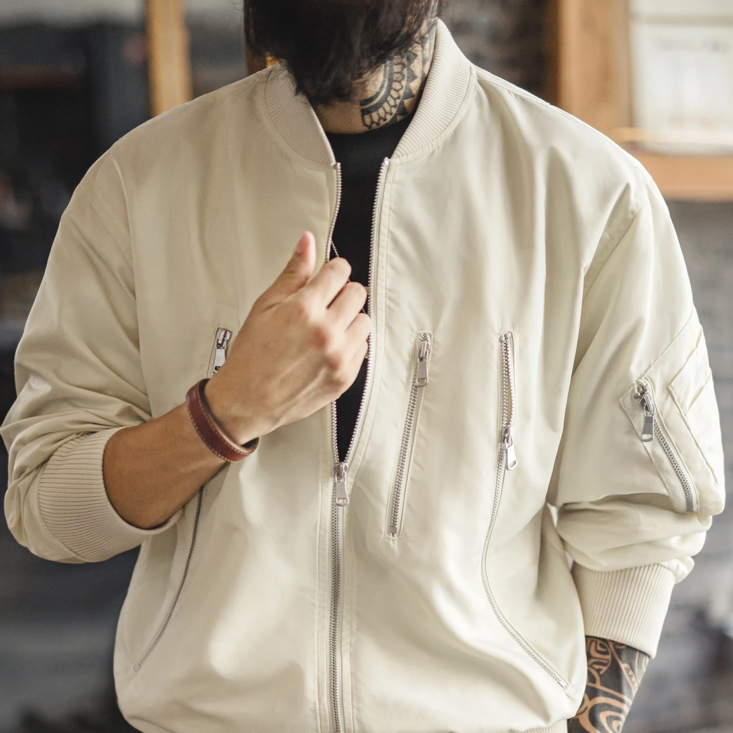 Maden Men's Vintage L2B Pilot Jacket White Lightweight Flight Bomber Jacket Short Zip-Up Casual Baseball Coat for Spring Autumn - Image 2
