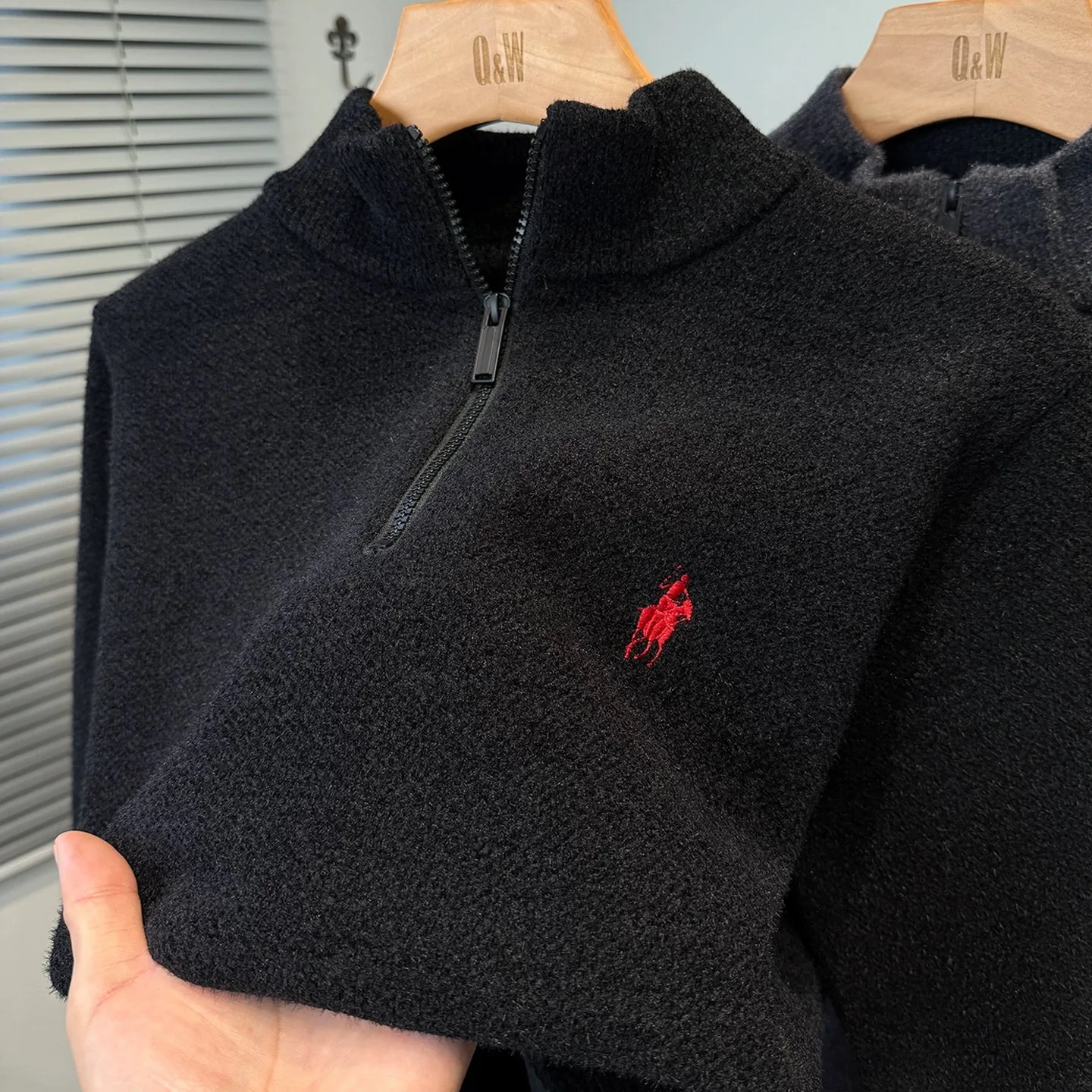 Luxury brand zipper semi high neck sweater men's high-end fashion ponytail golf embroidery winter new velvet warm knit pullover - Image 2