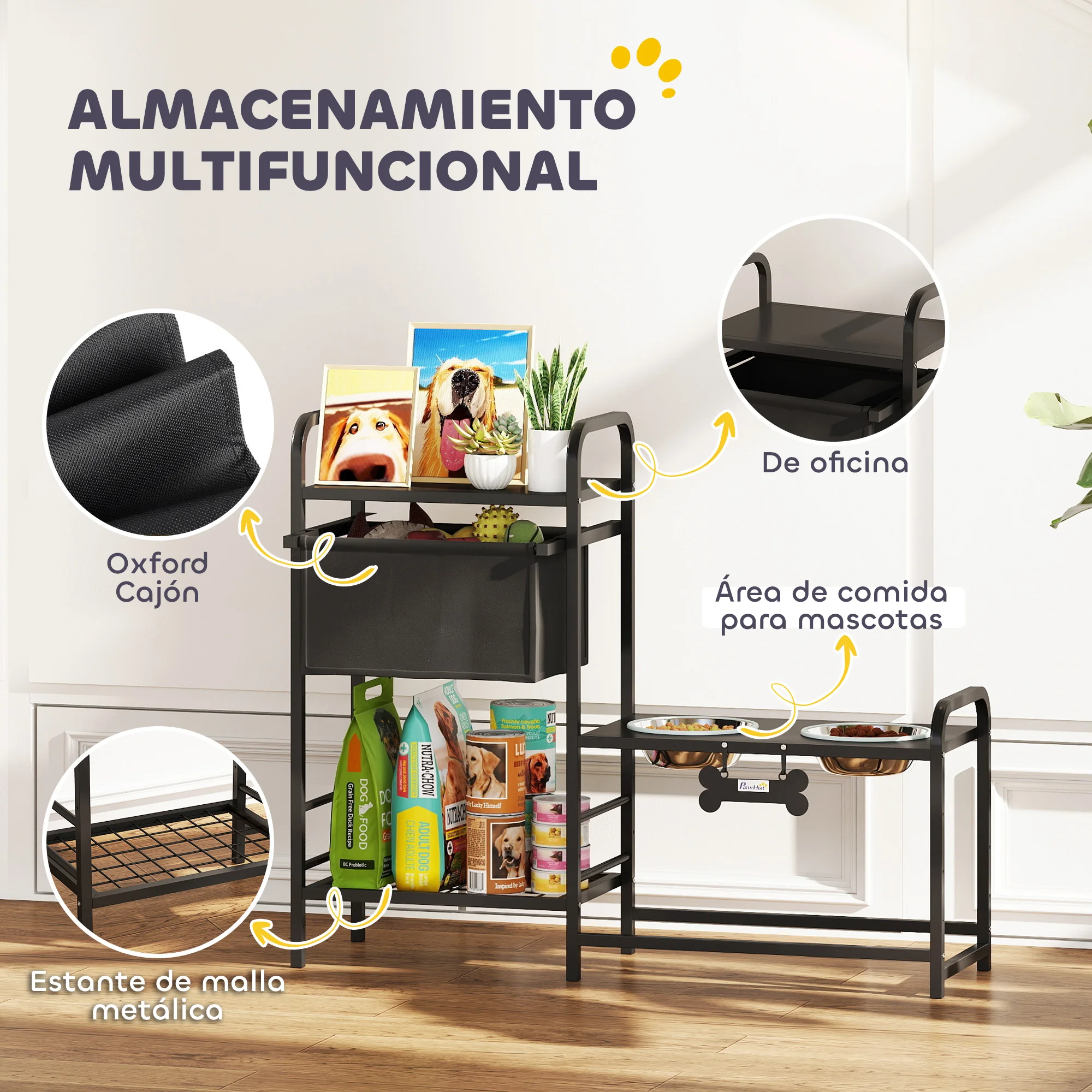 Pawhut Elevated Dog Feeder with Fabric Drawer 2 Stainless Steel Bowls 2X800 ml Adjustable Height 2 Shelves Black - Image 3